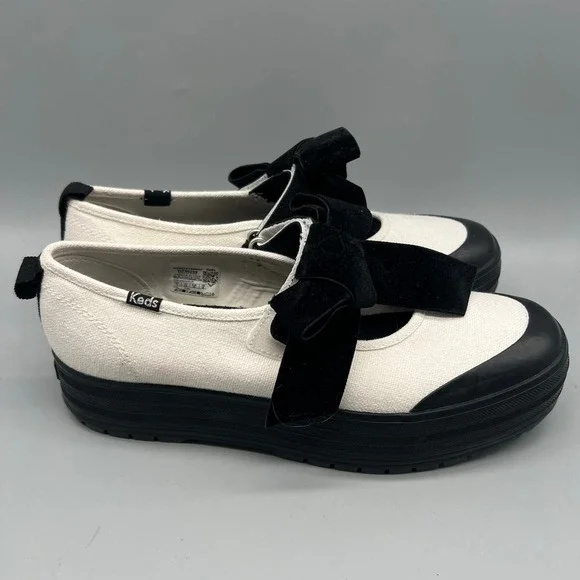 Keds Triple Up Mary Jane Platform Sneakers White Canvas Black Velvet Bow WF68249 - Picture 3 of 8